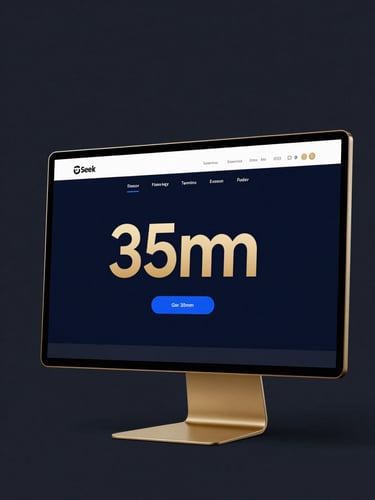 Sleek editorial technology photography of a high-fidelity dark-mode website mockup on a monitor, sharp gold and electric blue accents, dark navy background, 35mm