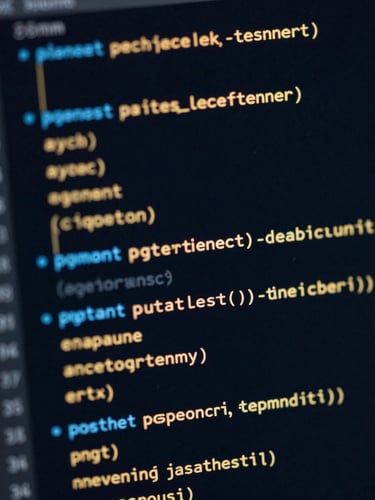 Sleek editorial technology photography, close-up of clean code structures on a dark screen with glowing blue and gold highlights, 35mm