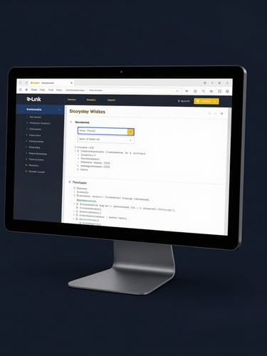 Sleek editorial technology photography of high-fidelity website wireframes and clean code on a monitor, dark navy background, sharp gold and blue accents, 35mm