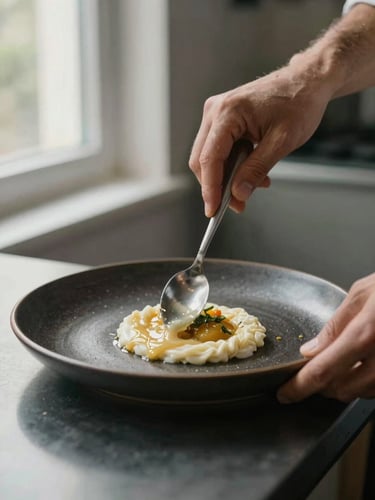Close-up of hands plating a dish on a dark ceramic plate, a smear of sauce applied with a spoon, soft natural window light from the left, kitchen counter edge visible