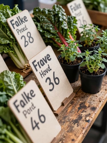 Close-up overhead of a farmers market vendor stall, hand-lettered price cards beside bundles of rainbow chard and small potted herbs, worn wooden table surface, natural morning light, no faces