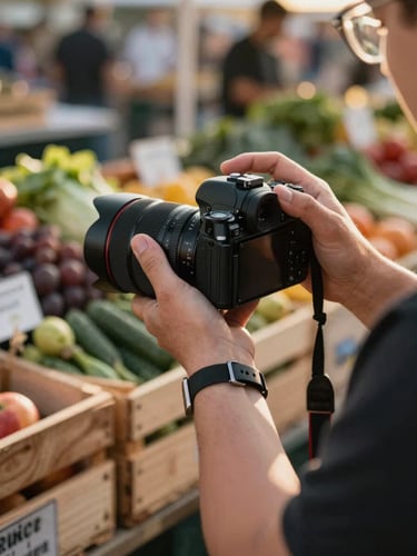 Close-up of agency team member's hands holding a camera at a farmers market stall, late morning golden-hour side light, wooden produce crates blurred in the background, documentary framing