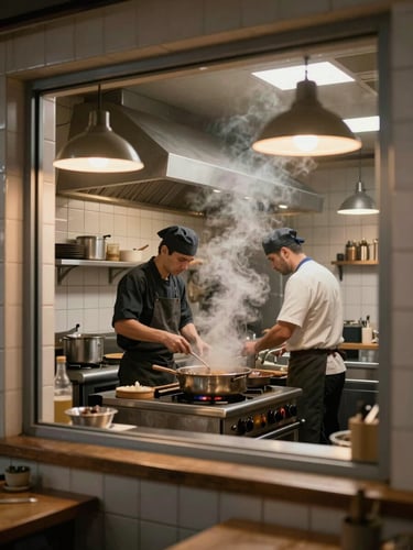 Wide shot of a compact restaurant kitchen interior, two cooks working at the range, steam rising, overhead pendant lights casting warm pools, tiled walls, seen from the pass-through window