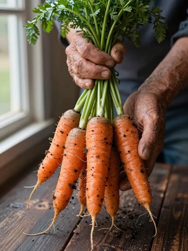 Close-up portrait of a farmer's weathered hands holding a cluster of freshly harvested carrots with soil still clinging to the roots, natural window light from the left casting soft shadows, dark wooden surface beneath