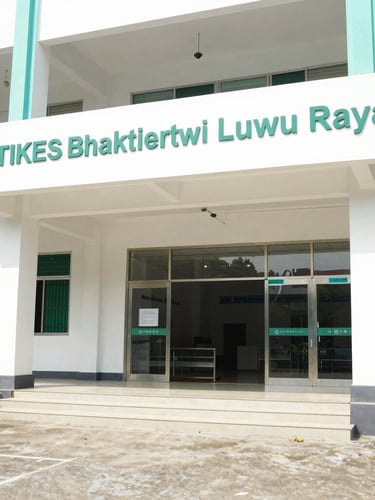 Bright clinical photography of STIKES Bhakti Pertiwi Luwu Raya campus building exterior, natural daylight, professional editorial style, 35mm