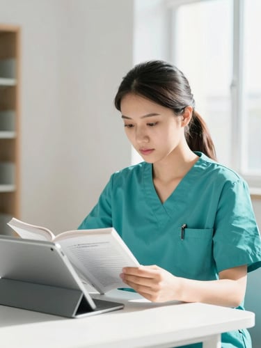 A bright, clean library interior with a local female nursing student in a teal uniform reading a medical textbook on a modern tablet, soft natural daylight streaming through window, professional editorial style, 35mm