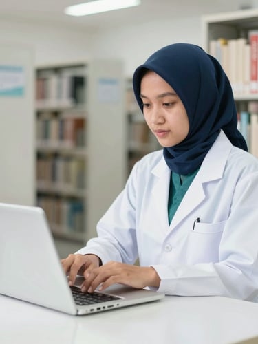 Bright clinical photography of an Indonesian health student in a clean white lab coat operating a modern laptop in a well-lit library, sharp focus, professional editorial style, 35mm
