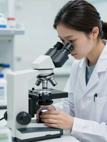 Close-up of a female health researcher in a clean white laboratory, adjusting a microscope under bright natural daylight, professional clinical photography style, 35mm
