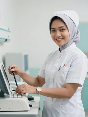 A smiling female nurse in a white uniform and grey hijab operating a medical diagnostic machine in a clinic.