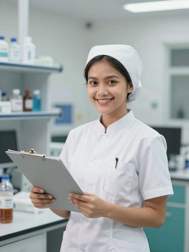 A female Indonesian nursing student in a clean white uniform smiling in a bright clinical laboratory, holding a medical folder, 35mm professional editorial style