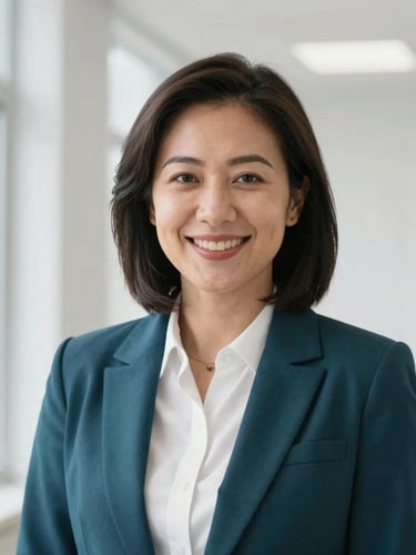 Professional portrait of a female academic leader in formal attire, smiling warmly, clean academic background, bright clinical daylight framing, 35mm