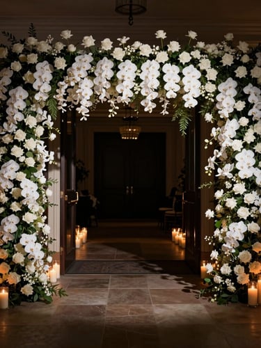 Dramatic wide-angle shot of a grand wedding venue entrance, cascading white orchids and roses under warm candlelight, dark moody shadows, 35mm lens editorial style.