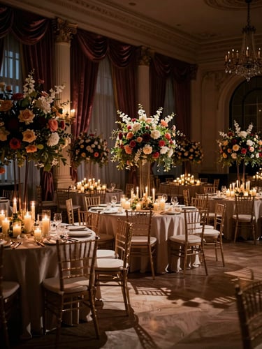Dramatic wide-angle shot of a grand ballroom transformed with towering architectural floral installations, warm candlelight casting deep chiaroscuro shadows on velvet drapery, 35mm lens