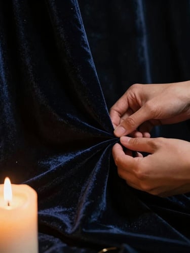 Dramatic close-up of a hands-on styling detail, a hand adjusting a heavy velvet drape next to a glowing candle, dark chiaroscuro lighting, rich shadows, 35mm lens.
