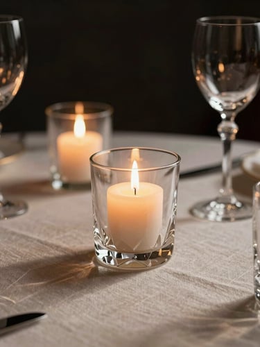 Extreme close-up of a luxury table setting, heavy textured champagne linen, crystal glassware catching warm candlelight, deep charcoal background, editorial luxury photography.