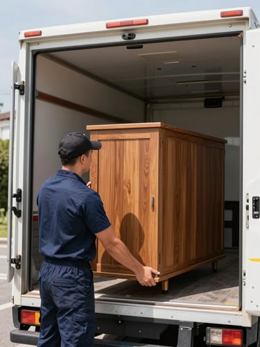 Professional mover in a clean navy uniform carefully securing a heavy wooden cabinet inside a modern moving truck, bright natural daylight, crisp 35mm photography