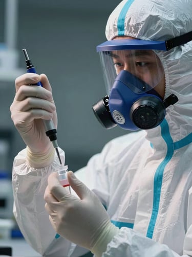 Macro high-contrast shot of a clinical technician wearing a white protective hazmat suit and respirator, holding a precise chemical spray nozzle, sterile laboratory lighting, sharp shadows.