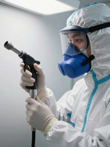 Clinical macro close-up of a pest control technician in a white protective suit and respirator, adjusting a precise chemical nozzle under sterile white light with sharp shadows.