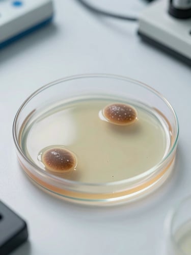 Macro close-up of a scientific petri dish with bacterial cultures under sharp clinical white laboratory lighting, sterile background.