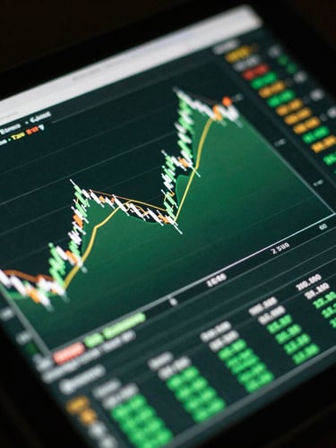 A high-contrast close-up of dynamic trading charts on a dark tablet screen, moody green stage lighting reflecting off the glass, sharp focus, 35mm lens.
