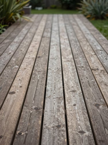 Wide shot of a wooden terrace built into a garden setting, overcast northern light, weathered grain visible across the deck planks, no people, green vegetation blurred at the edges, camera low and close to the wood surface