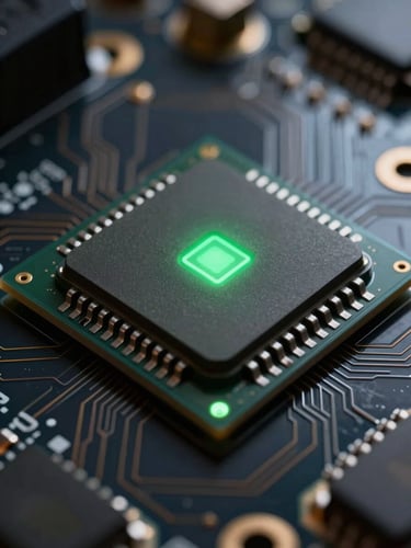 Extreme macro close-up of a high-performance mobile processor chip on a dark circuit board, illuminated by a sharp, cool green indicator light, technical blueprint lines subtly visible in the background.