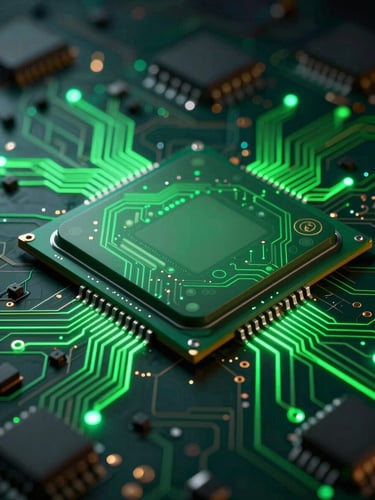 Extreme close-up macro shot of an Android system-on-chip with glowing green circuits, low-key dark studio lighting, high contrast, technical blueprint aesthetic.
