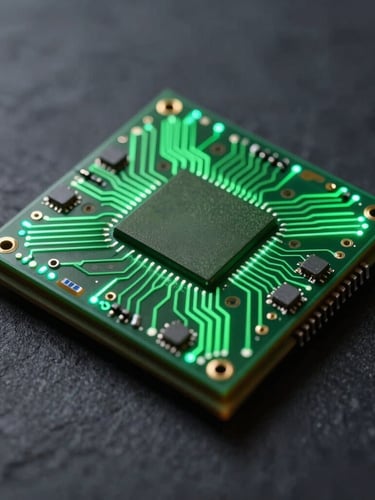Extreme macro shot of a physical system-on-chip with glowing green circuit traces, low-key studio lighting, high contrast, dark slate background.