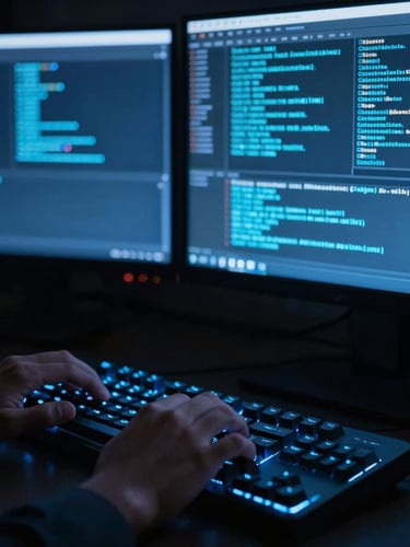 Tight macro shot of an engineer's hands typing on a mechanical keyboard, illuminated solely by the cool blue glow of terminal screens displaying system logs