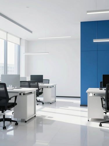 Bright high-key photography of a pristine modern office space with clean lines, daylight reflecting off polished floors, emphasizing hygiene and technical precision