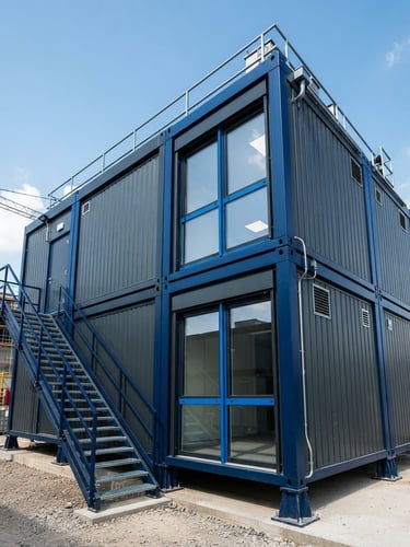 Low-angle architectural shot of a premium converted site office container with dark grey cladding and deep blue steel framing, bright natural daylight, sharp industrial photography