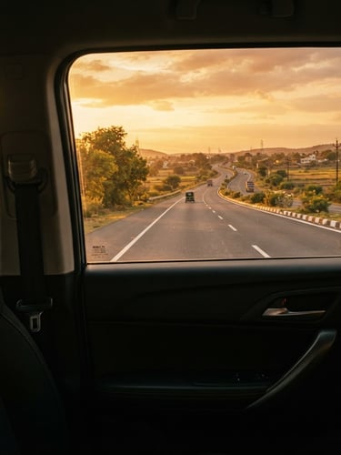 A passenger perspective from inside a clean, modern car looking out at a quiet Indian highway at golden hour, warm lighting.