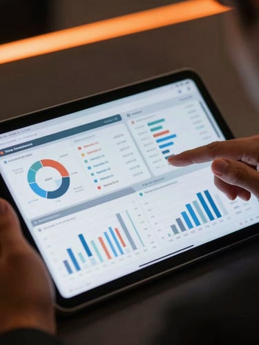 Close-up of a corporate leader analyzing clean financial and digital dashboards on a tablet, high-contrast low-key lighting with orange neon ambient glow.