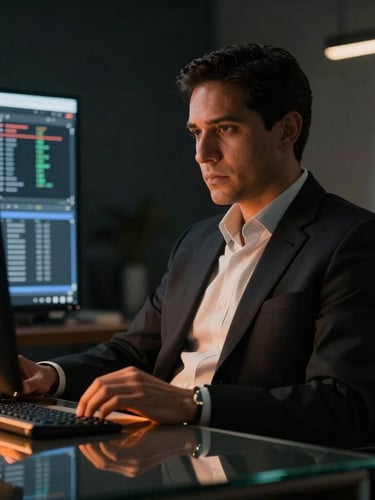 Cinematic medium-close up of a modern corporate executive in a dark, high-contrast office in Guatemala City, warm orange ambient glow reflecting off a glass desk and clean data dashboard, low-key lighting, deep shadows.