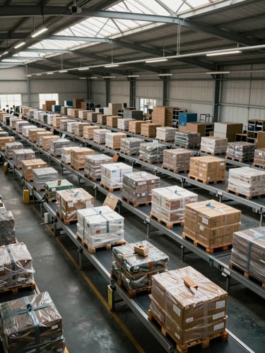 Wide environmental shot of a logistics sorting facility interior, rows of loaded pallets and parcels on conveyors under high bay facility lighting mixed with natural daylight from clerestory windows, no workers visible, emphasizing scale and infrastructure depth