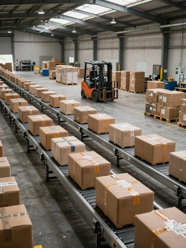 Environmental wide shot inside a large logistics sorting facility, rows of parcels on conveyor belts under bright facility lighting, forklift visible in the mid-ground moving pallets, concrete floor, industrial ceiling with natural daylight from skylights, no workers' faces visible