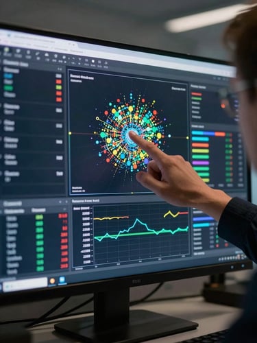 Close-up of a live research dashboard displayed on a large monitor in a dimly lit data room, colorful real-time metric charts glowing on screen, a researcher's hand partially in frame pointing at an insight cluster, north-facing studio lighting on the screen for clarity