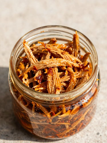 Close-up macro shot of a glass jar of shredded chicken pickle sitting on a textured stone surface, bright natural daylight with sharp shadows.