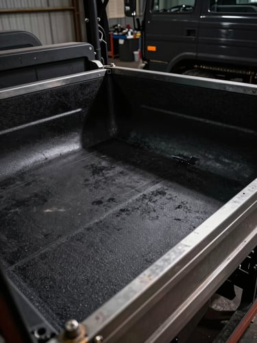 Medium shot of a heavy-duty truck bed with a textured black bedliner, dramatic workshop lighting with high-contrast shadows on steel surfaces, 35mm lens.