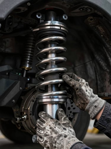 Tight macro shot of a mechanic's gloved hand checking a heavy-duty truck suspension under dramatic high-contrast workshop lighting, metallic textures.