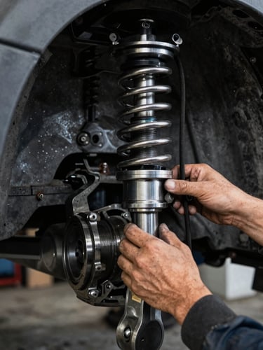 Close-up of a mechanic's hands adjusting a heavy-duty truck suspension, metallic steel surfaces, gritty workshop environment, 35mm lens, high-contrast shadows.