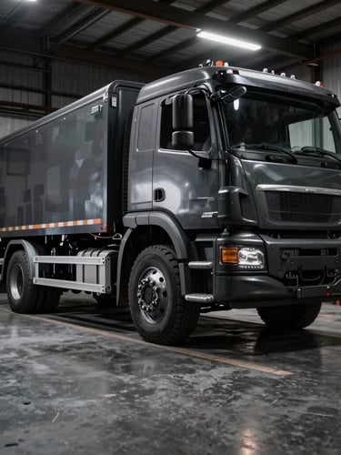 Medium-wide shot of a clean, high-contrast garage bay with a heavy-duty truck on a lift under moody workshop lighting, deep charcoal tones.