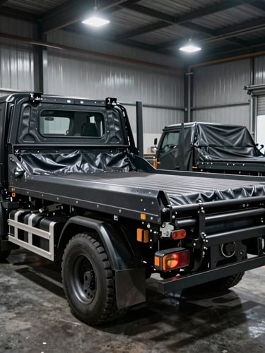 A high-contrast wide shot of stacked heavy-duty truck bedliners and bed covers inside a clean, metallic industrial warehouse, dramatic overhead workshop lighting.