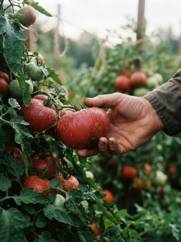 Medium-close shot of dew on heirloom tomatoes at sunrise, hands of a farmer gently inspecting the vine, soft overcast outdoor daylight, rich crimson and forest green tones, shallow depth of field.