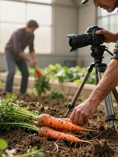 Behind-the-scenes agency work, a photographer with a camera on a tripod capturing a local farmer pulling carrots from the earth, soft natural morning light, tactile storytelling, warm editorial photography.
