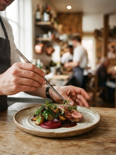 Close-up of chef hands carefully plating a gourmet dish, warm natural window light, shallow depth of field, cozy Scandinavian-style restaurant interior.
