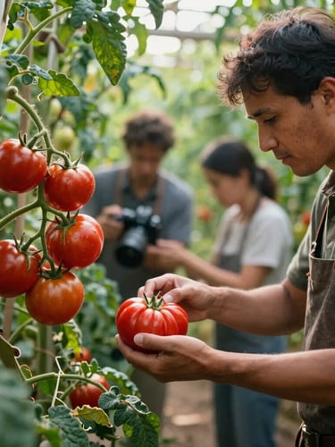Agency team member with camera, capturing a farmer harvesting heirloom tomatoes in soft morning light, rich forest green and crimson tones.