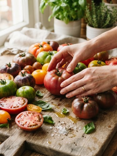 Close-up of hands arranging fresh, vibrant heirloom tomatoes on a rustic wooden board, a camera with a macro lens focused on them, soft natural window light, warm editorial photography, rich crimson and forest green tones, shallow depth of field.