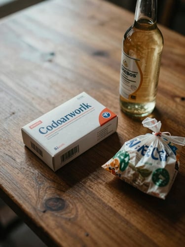 Close-up overhead of a wooden table surface with a medicine box, a glass beverage bottle, and a small grocery bag arranged together, natural midday window light casting soft shadows, warm earthy tones, intimate documentary framing