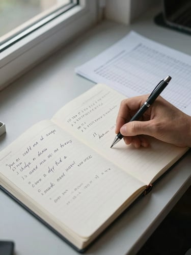 Close overhead view of a desk surface during active work — an open notebook with handwritten figures, a printed spreadsheet with pencil annotations visible, and a mechanical pencil resting mid-page, lit by natural daylight entering from a window at frame-left, cool and even, no shadows